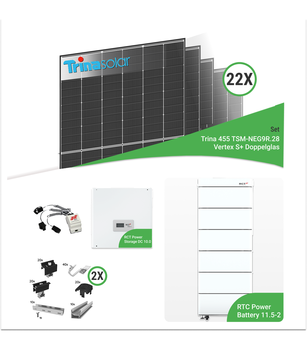 10_01kWpPV-Komplettsetmit22xTrinaTSM-NEG9R.28VertexS_455WDoppelglas-Module_RCTPowerStorage10.0_RCTPowerBattery11.5-2Speicher_inkl.UnterkonstruktionfuerZiegeldaecher.png 10,01 kWp PV-Komplettset mit 22x Trina TSM-NEG9R.28 Vertex S+ 455 W Doppelglas-Module & RCT Power Storage 10.0 & RCT Power Battery 11.5-2 Speicher – inkl. Unterkonstruktion für Ziegeldächer – Bild 1