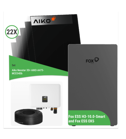 10 kWp PV Komplettset – 22x Aiko Neostar 3S+ AIKO-A475-MCE54Db + Fox ESS H3-10.0-Smart und Fox ESS EK5